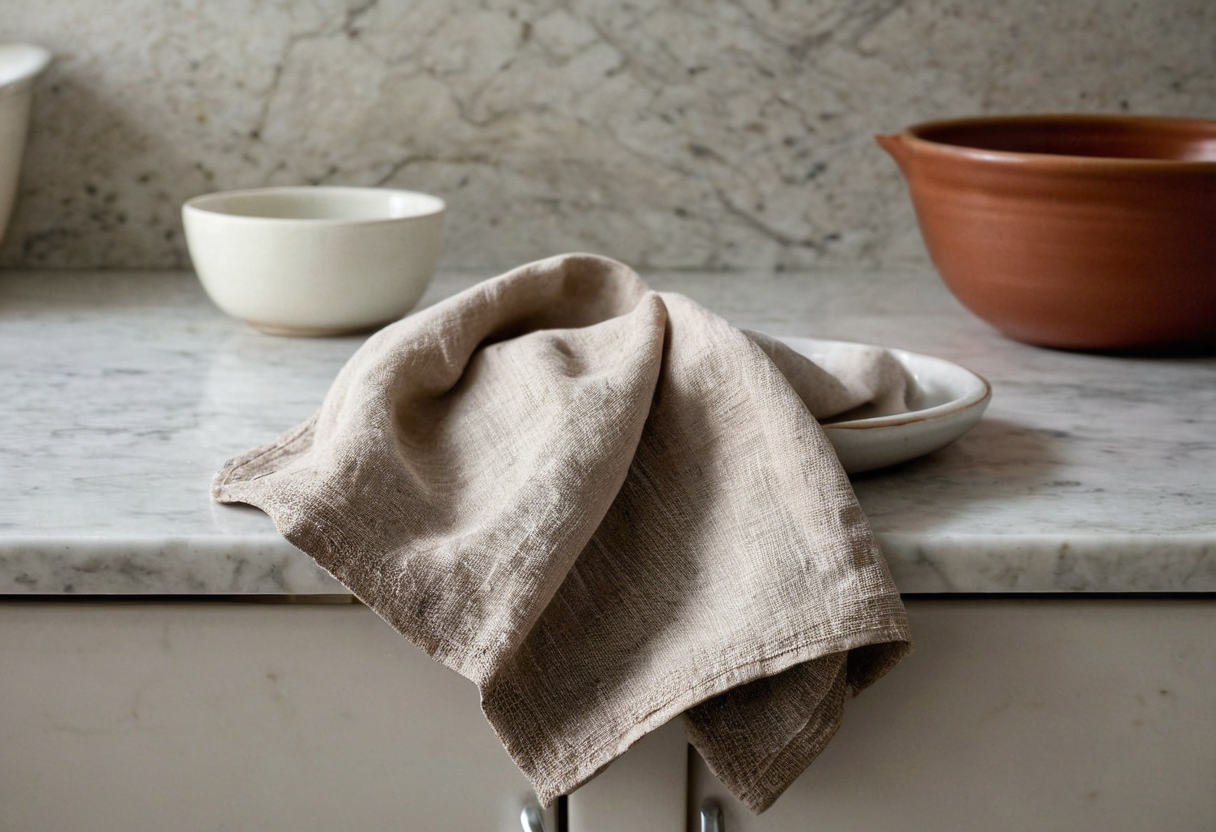 Бежевая ткань лежит на мраморной столешнице возле белой и глиняной посуды.